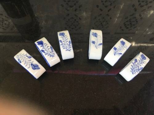 Blue & White Painted Porcelain Napkin Ring Holders