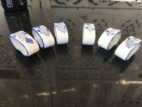 Blue & White Painted Porcelain Napkin Ring Holders