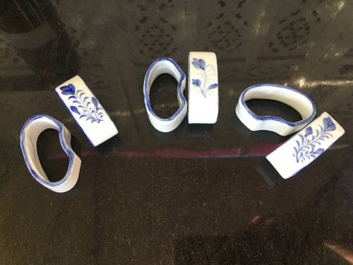 Blue & White Painted Porcelain Napkin Ring Holders