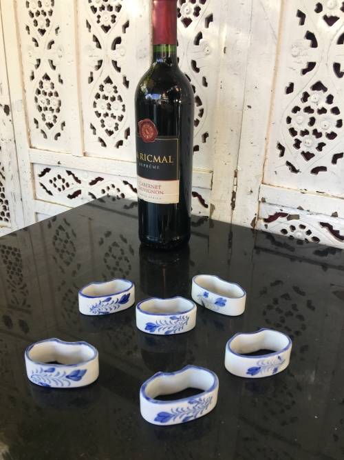 Blue & White Painted Porcelain Napkin Ring Holders