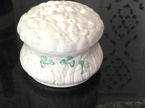c1863-1891 Belleek China Irish Symbols Ivory & Green Lidded Container.