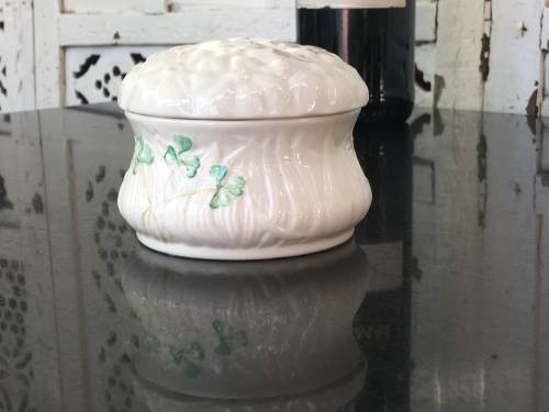 c1863-1891 Belleek China Irish Symbols Ivory & Green Lidded Container.