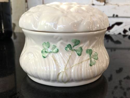 c1863-1891 Belleek China Irish Symbols Ivory & Green Lidded Container.