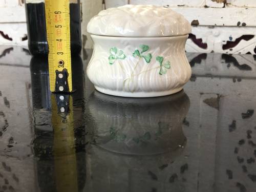 c1863-1891 Belleek China Irish Symbols Ivory & Green Lidded Container.