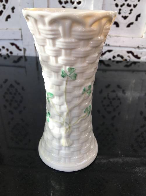 Vintage Belleek China Irish Symbols Ivory & Green Vase