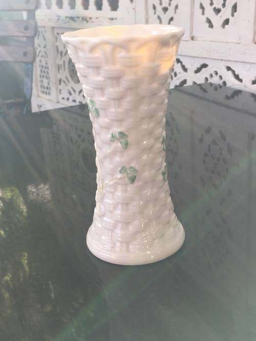 Vintage Belleek China Irish Symbols Ivory & Green Vase