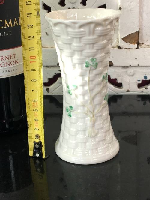 Vintage Belleek China Irish Symbols Ivory & Green Vase