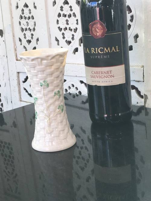 Vintage Belleek China Irish Symbols Ivory & Green Vase