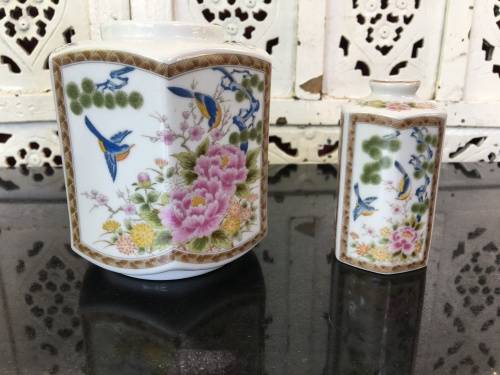 2 Vintage Japanese Imari Bird and Floral bud Vases