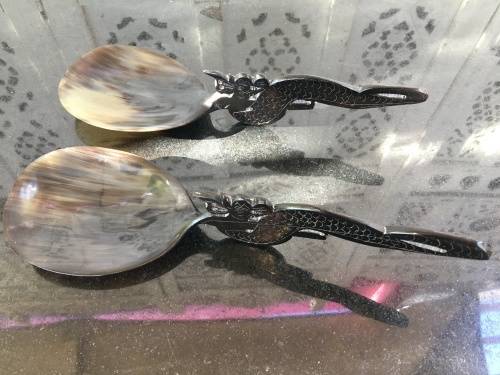 Vintage Carved & Polished Water Buffalo Horn Spoons With Dragon Handle Oriental