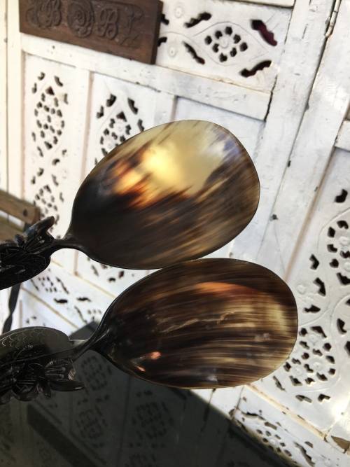 Vintage Carved & Polished Water Buffalo Horn Spoons With Dragon Handle Oriental