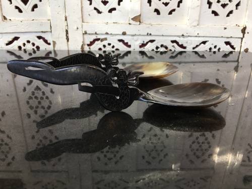 Vintage Carved & Polished Water Buffalo Horn Spoons With Dragon Handle Oriental