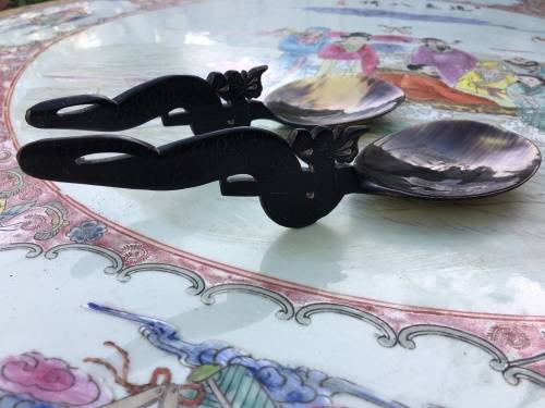Vintage Carved & Polished Water Buffalo Horn Spoons With Dragon Handle Oriental