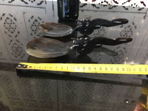 Vintage Carved & Polished Water Buffalo Horn Spoons With Dragon Handle Oriental