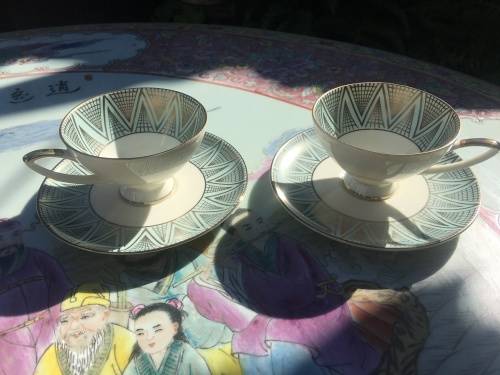 Rare Set c1930s Alka Bavaria Germany Blue & Gold Gilt Demitassi Cups & Saucers