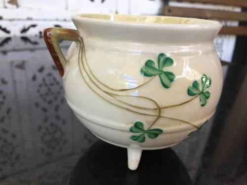 Vintage c 1926-1946 Belleek China Irish Symbols Ivory & Green Tripod Footed Sugar Bowl