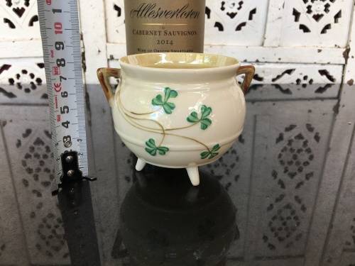 Vintage c 1926-1946 Belleek China Irish Symbols Ivory & Green Tripod Footed Sugar Bowl