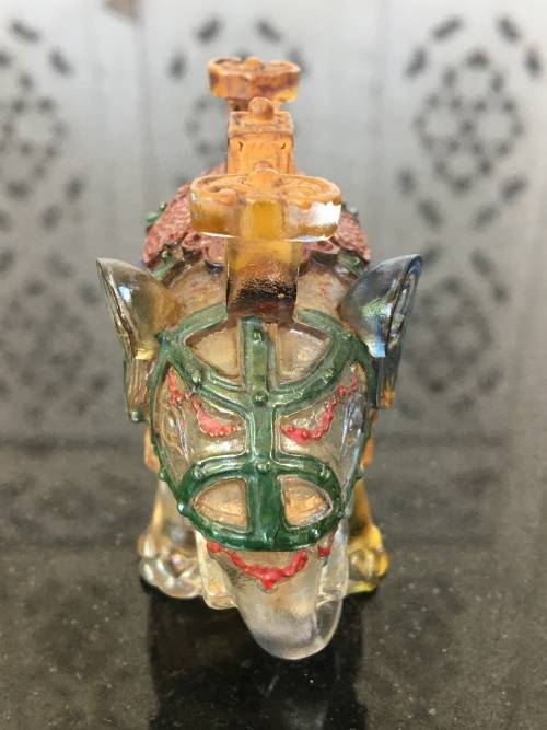 Antique Chinese Painted Peking Glass Elephant Snuff Bottle with Coral Capped Lidded Spoon.