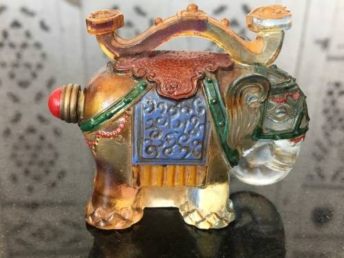 Antique Chinese Painted Peking Glass Elephant Snuff Bottle with Coral Capped Lidded Spoon.