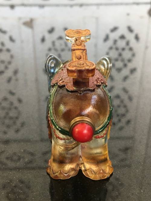 Antique Chinese Painted Peking Glass Elephant Snuff Bottle with Coral Capped Lidded Spoon.