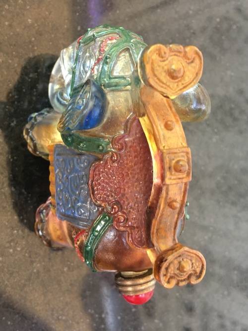 Antique Chinese Painted Peking Glass Elephant Snuff Bottle with Coral Capped Lidded Spoon.