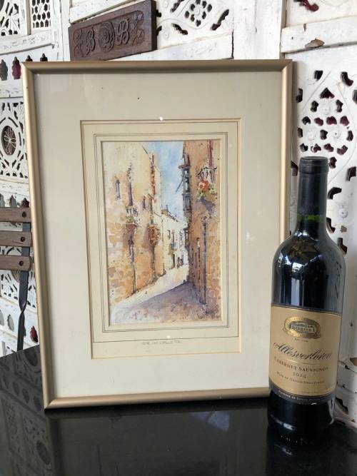 STUNNING FRAMED WATERCOLOR PAINTING BY MALTESE ARTIST WINSTON - STREET IN VALLETTA