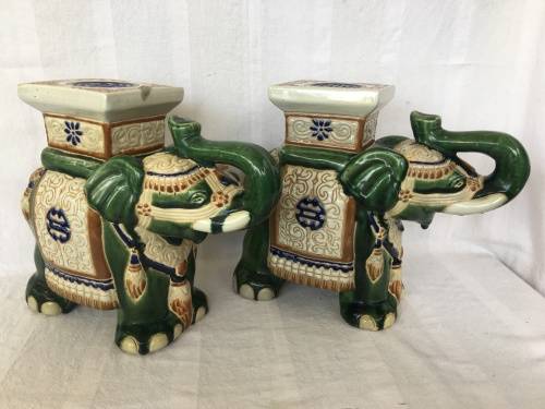 A Set Of Chinese Republican Period Shiwan Hand Crafted Pottery & Green Base Painted Elephant Stands