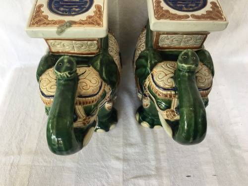 A Set Of Chinese Republican Period Shiwan Hand Crafted Pottery & Green Base Painted Elephant Stands