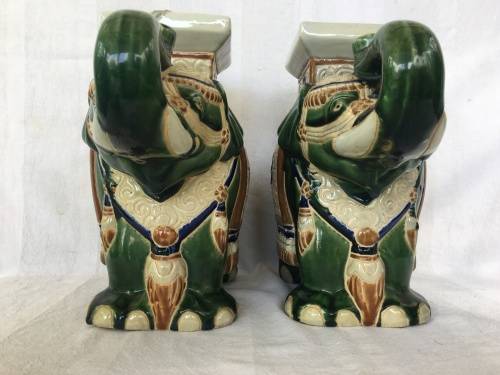 A Set Of Chinese Republican Period Shiwan Hand Crafted Pottery & Green Base Painted Elephant Stands