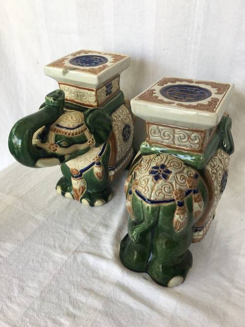 A Set Of Chinese Republican Period Shiwan Hand Crafted Pottery & Green Base Painted Elephant Stands