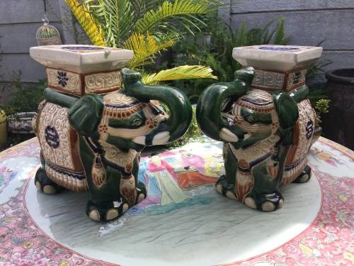 A Set Of Chinese Republican Period Shiwan Hand Crafted Pottery & Green Base Painted Elephant Stands