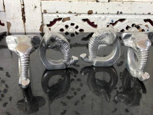 WOW !!! GORGEOUS SET OF FOUR CAST ALUMINIUM ELEPHANT SHAPED SERVIETTE RINGS