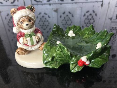 Vintage Japanese Marked Otagiri Hand Crafted Japan Christmas Bear & Leaf Mint Dish