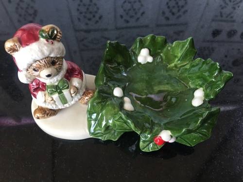 Vintage Japanese Marked Otagiri Hand Crafted Japan Christmas Bear & Leaf Mint Dish