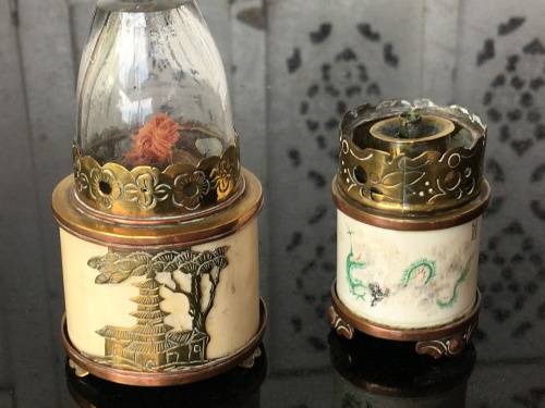 Vintage Oriental Ivorine/Animal Bone & Brass Miniature Oil Burning Lamps with Writings and Temple