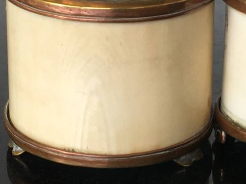 Vintage Oriental Ivorine/Animal Bone & Brass Miniature Oil Burning Lamps with Writings and Temple