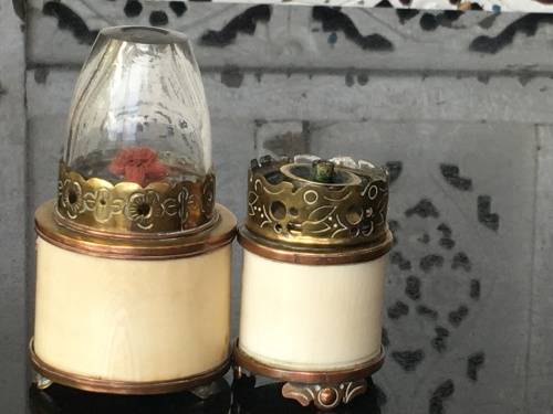Vintage Oriental Ivorine/Animal Bone & Brass Miniature Oil Burning Lamps with Writings and Temple