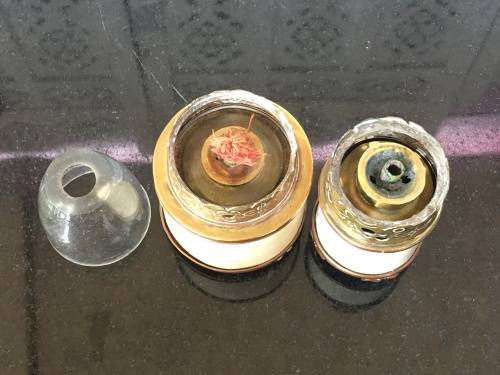 Vintage Oriental Ivorine/Animal Bone & Brass Miniature Oil Burning Lamps with Writings and Temple