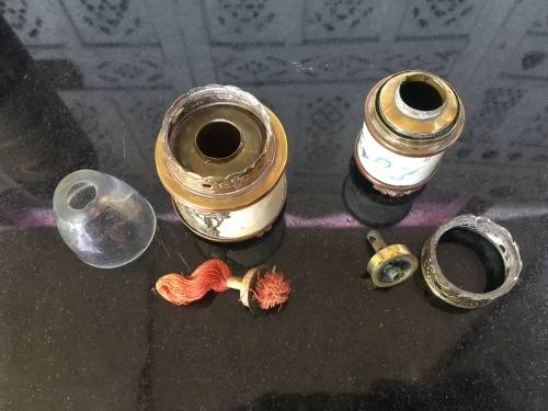 Vintage Oriental Ivorine/Animal Bone & Brass Miniature Oil Burning Lamps with Writings and Temple