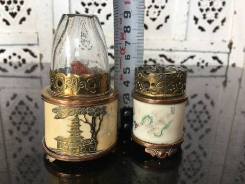Vintage Oriental Ivorine/Animal Bone & Brass Miniature Oil Burning Lamps with Writings and Temple