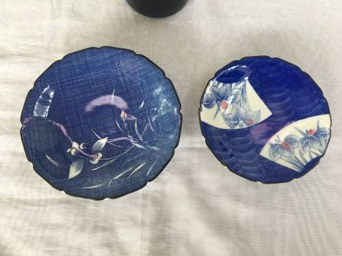 2 Small Vintage Japanese  Kochi Gama Arita Blue Plates