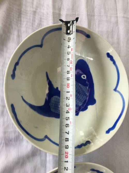2 Large Chinese Under Glaze Blue & White Hand Made & Painted Fish Porcelain Serving Bowls 20 cm wide