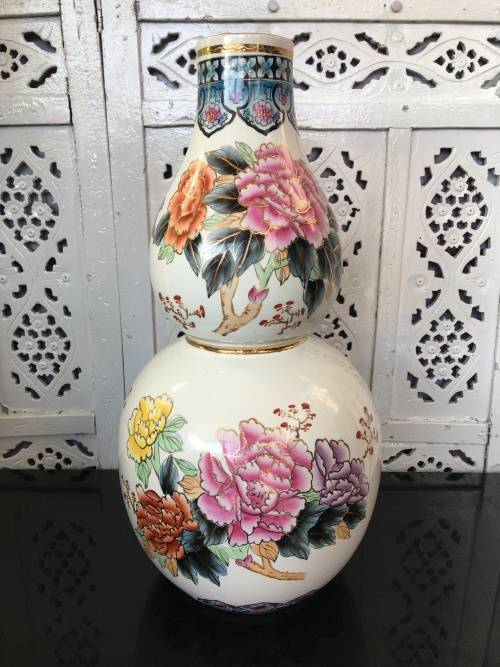 c1970s Chinese Zhongguo Zhi Zao  Double Gourd Vase Hand Floral & Bird Vase & Gold Gilt 45cm High
