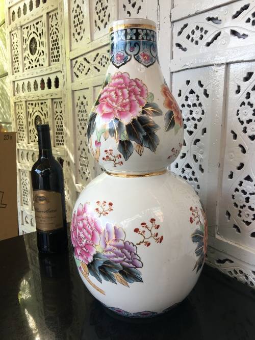 c1970s Chinese Zhongguo Zhi Zao  Double Gourd Vase Hand Floral & Bird Vase & Gold Gilt 45cm High