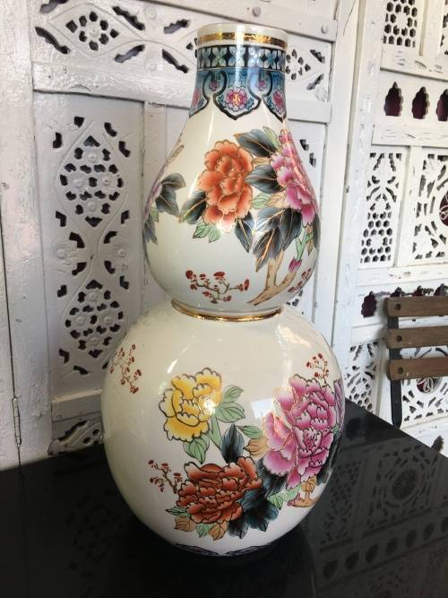 c1970s Chinese Zhongguo Zhi Zao  Double Gourd Vase Hand Floral & Bird Vase & Gold Gilt 45cm High