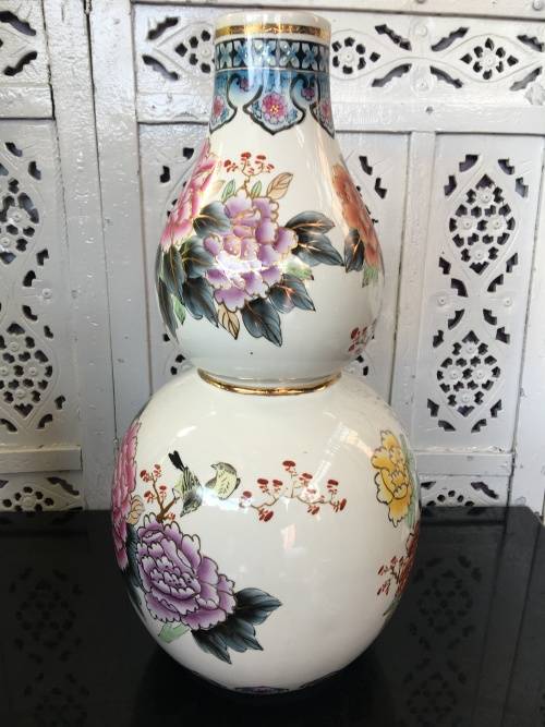 c1970s Chinese Zhongguo Zhi Zao  Double Gourd Vase Hand Floral & Bird Vase & Gold Gilt 45cm High