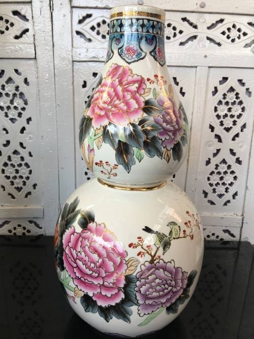 c1970s Chinese Zhongguo Zhi Zao  Double Gourd Vase Hand Floral & Bird Vase & Gold Gilt 45cm High