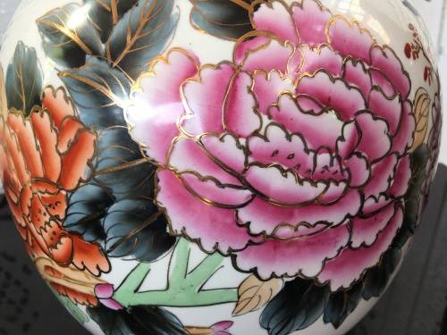 c1970s Chinese Zhongguo Zhi Zao  Double Gourd Vase Hand Floral & Bird Vase & Gold Gilt 45cm High