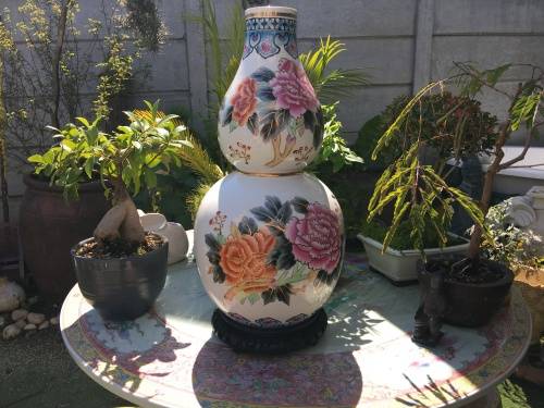 c1970s Chinese Zhongguo Zhi Zao  Double Gourd Vase Hand Floral & Bird Vase & Gold Gilt 45cm High