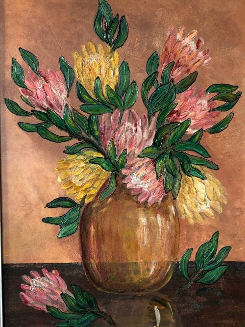 INVESTMENT ART !! BEAUTIFUL LARGE FRAMED OIL ON BOARD - STILL LIFE WITH PROTEA'S - SIGNED DATED